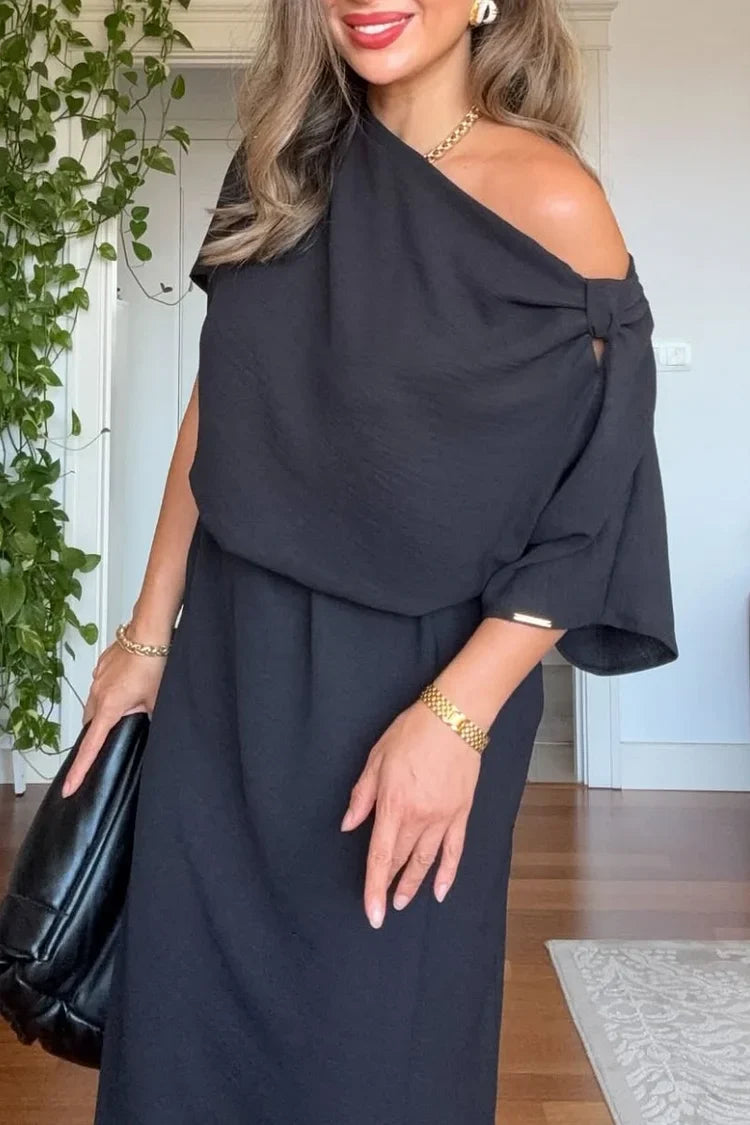 Stylish women's one-shoulder asymmetric maxi dress, a perfect elegant party dress for any occasion.
