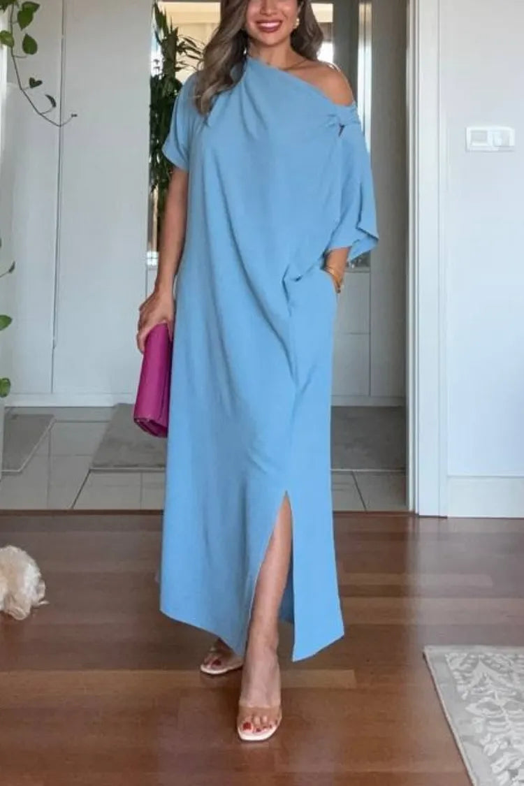 Chic women's flowing one-shoulder asymmetric maxi dress, a sophisticated choice for summer evenings.