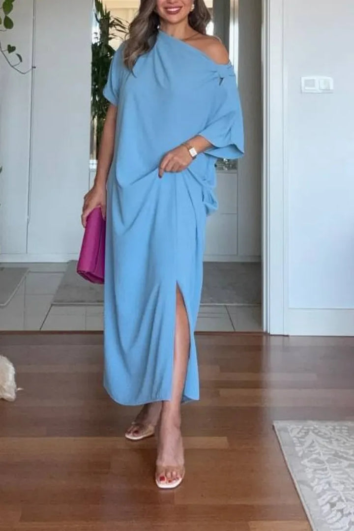 Stunning women's one-shoulder asymmetric maxi dress, an elegant evening dress for special occasions.