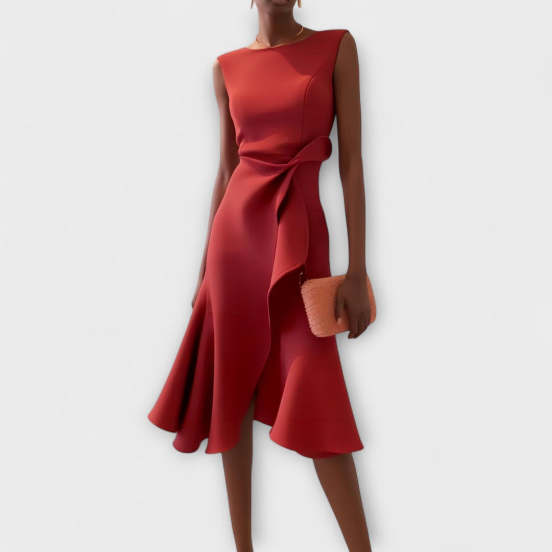 Elegant women's asymmetric pleated midi dress, perfect for formal occasions & cocktail parties.