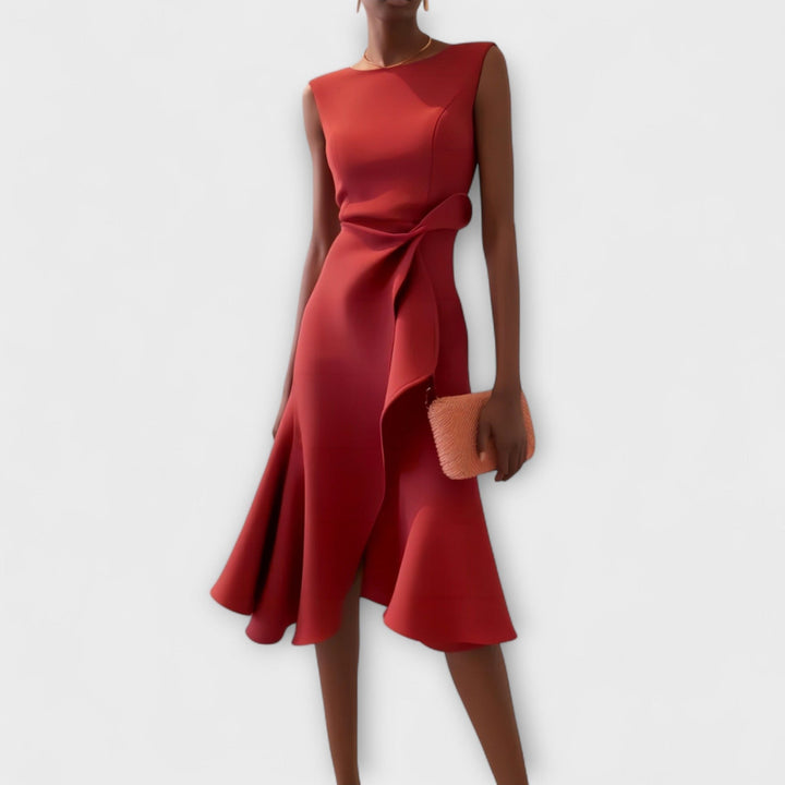 Elegant women's asymmetric pleated midi dress, perfect for formal occasions & cocktail parties.