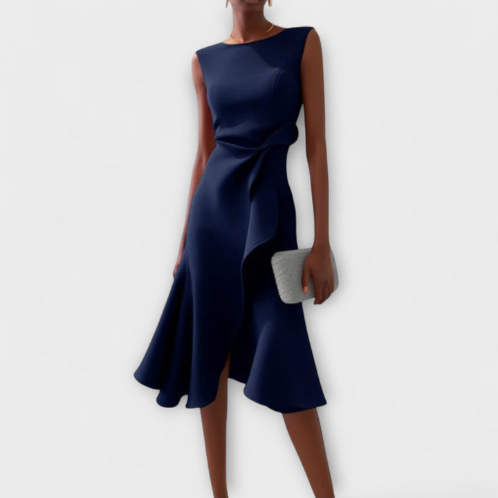 Flowy formal midi dress for women, elegant asymmetric pleats and sleeveless design, ideal for parties.