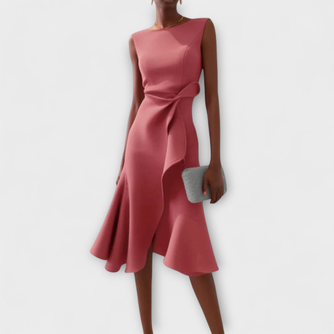 Sophisticated women's cocktail dress, elegant asymmetric pleats create a stunning sleeveless midi silhouette.