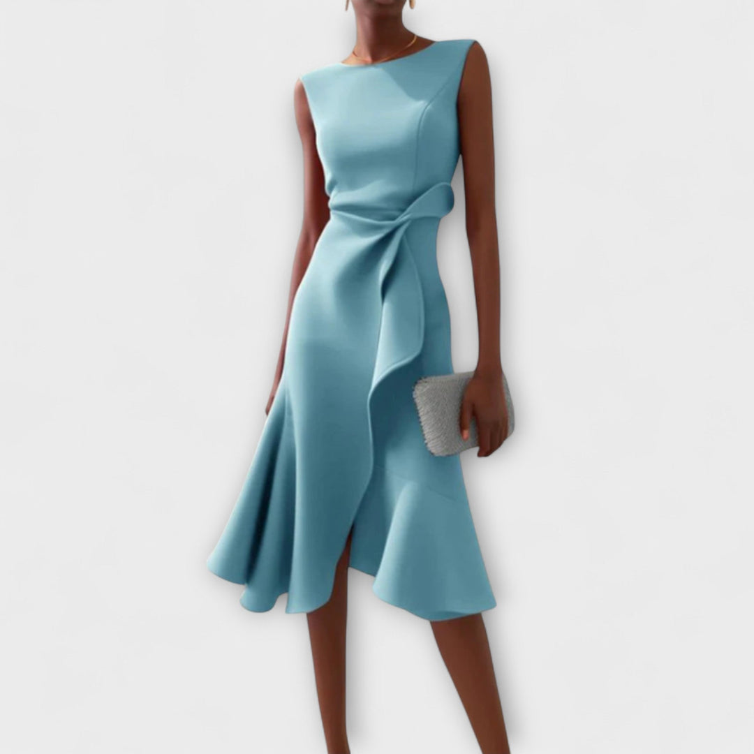 Women's elegant midi dress with asymmetric pleats, a sleeveless formalwear piece for graceful style.