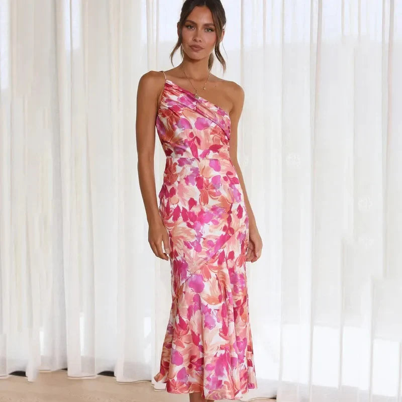 Elegant women's asymmetrical floral print midi dress, perfect for summer parties & special occasions.