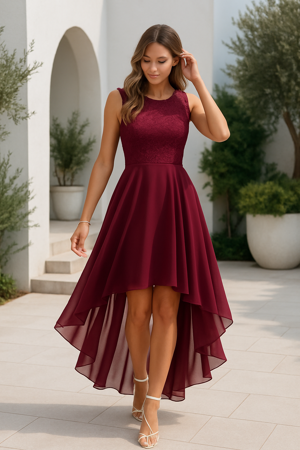 Chic sleeveless high-low party dress for women, featuring an elegant asymmetrical hemline.