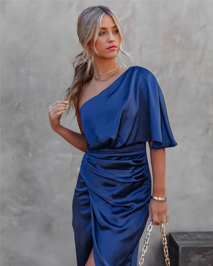 Elegant Women's Asymmetrical Off-Shoulder Blue Evening Dress.