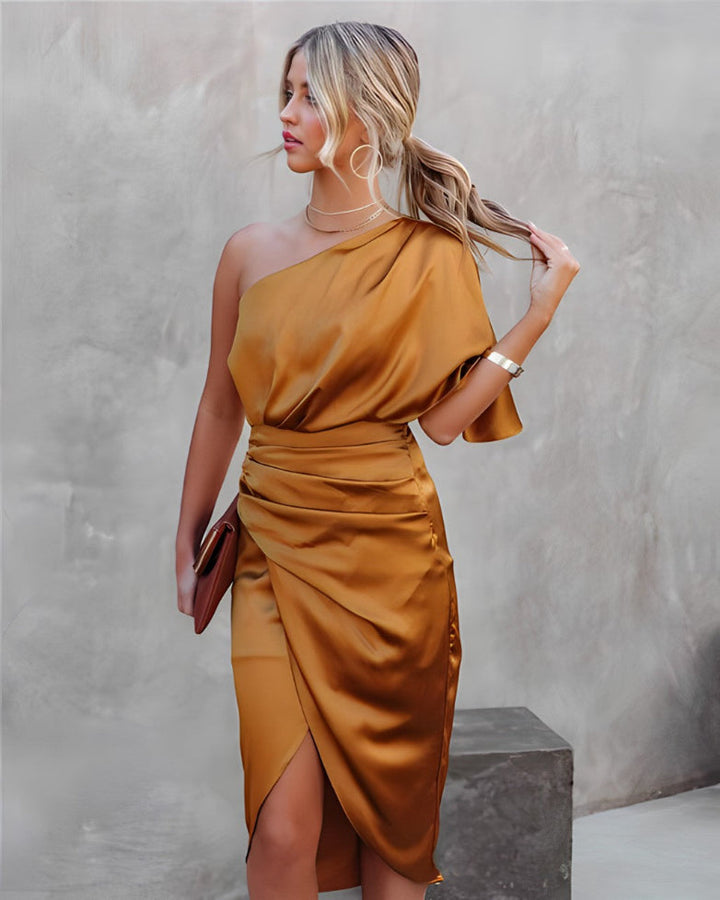 Vibrant Orange Asymmetrical Off-Shoulder Women's Party Dress.