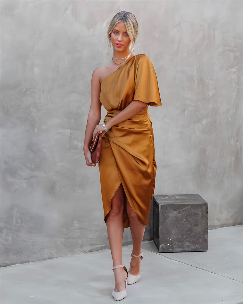 Sleeveless Blue Asymmetrical Off-Shoulder Elegant Women's Dress.