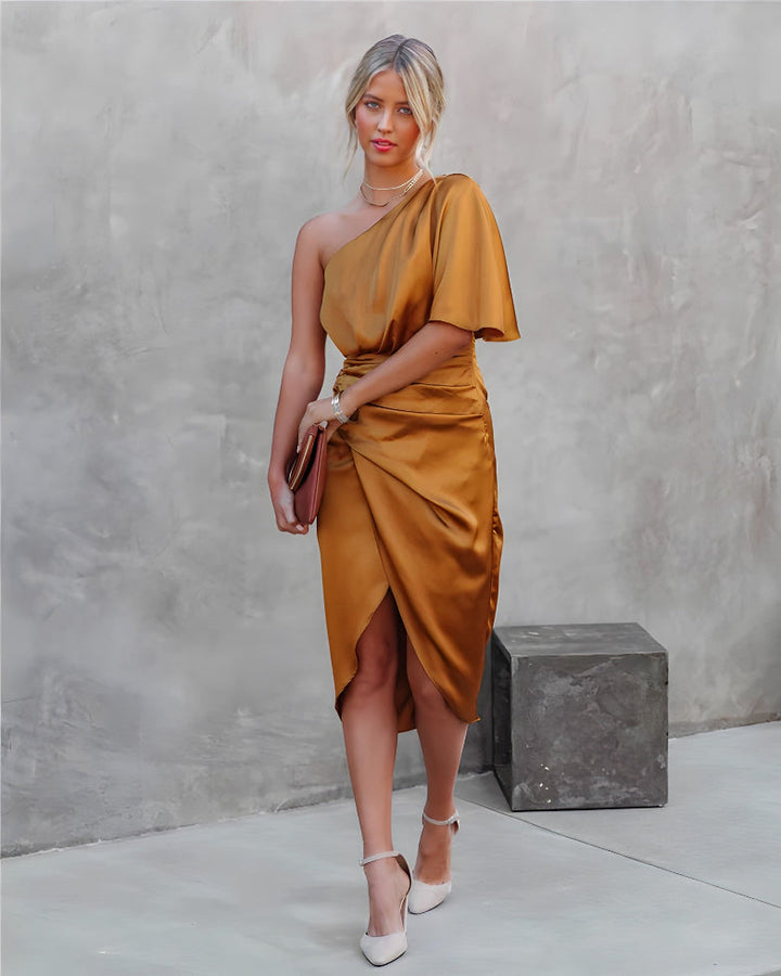 Sleeveless Blue Asymmetrical Off-Shoulder Elegant Women's Dress.