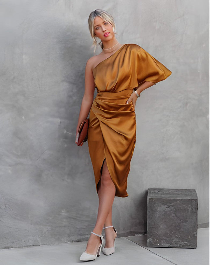 Sophisticated Black Asymmetrical Off-Shoulder Special Occasion Dress.