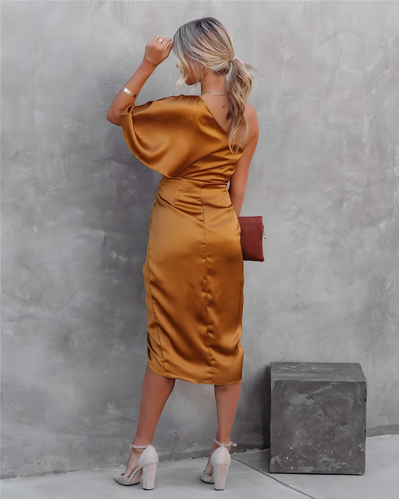Glamorous Gold Asymmetrical Off-Shoulder Evening Dress for Women.