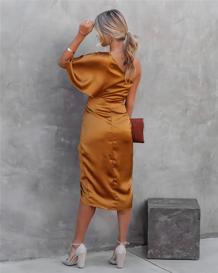 Glamorous Gold Asymmetrical Off-Shoulder Evening Dress for Women.