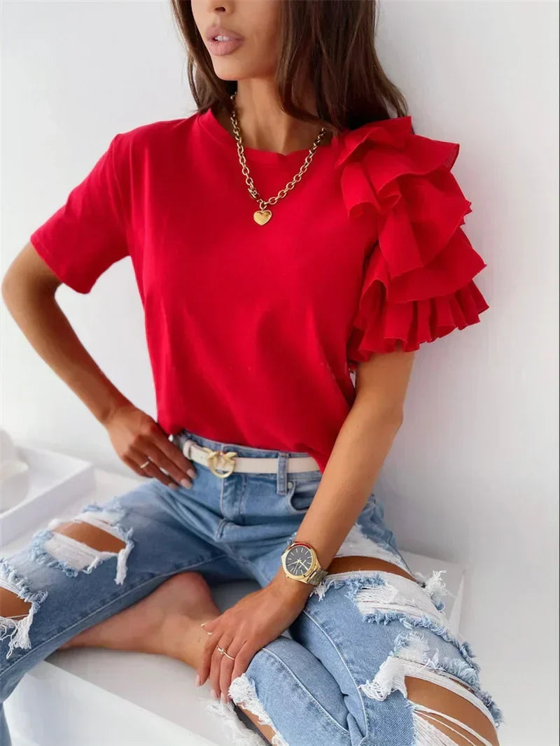 Elegant women's asymmetrical ruffle short sleeve blouse top, perfect for spring and summer casual chic style.
