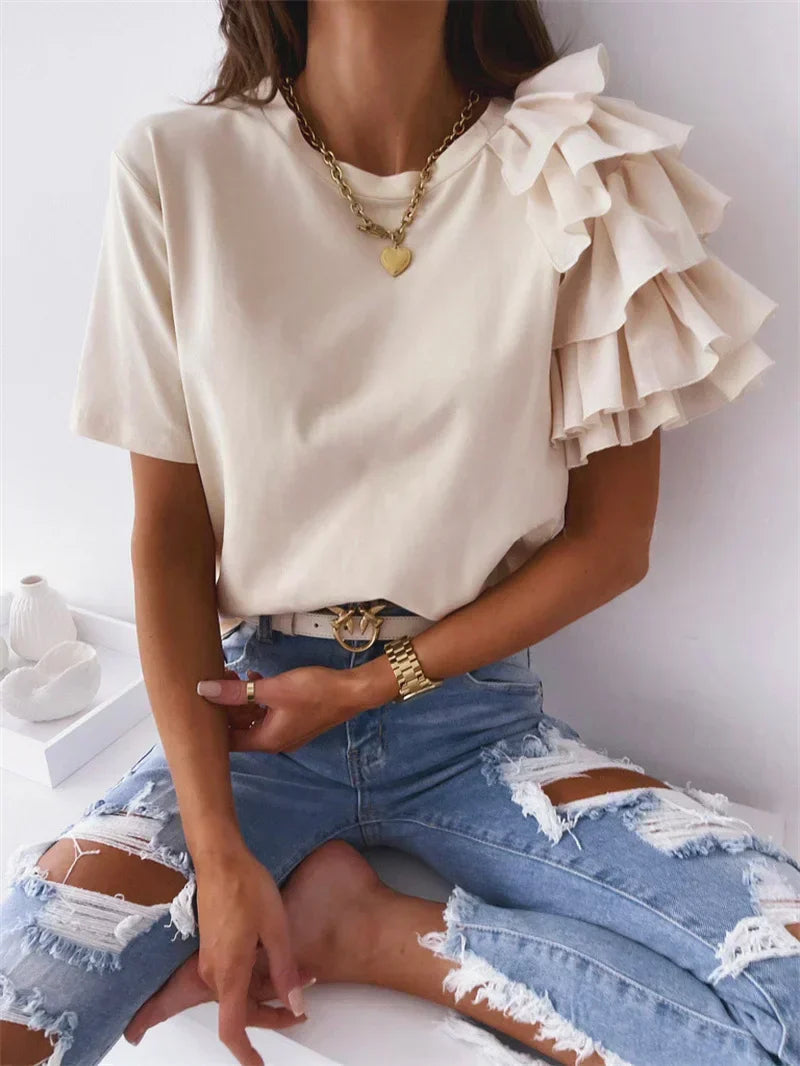 Chic women's elegant asymmetrical ruffle short sleeve top, a versatile blouse for everyday fashion.