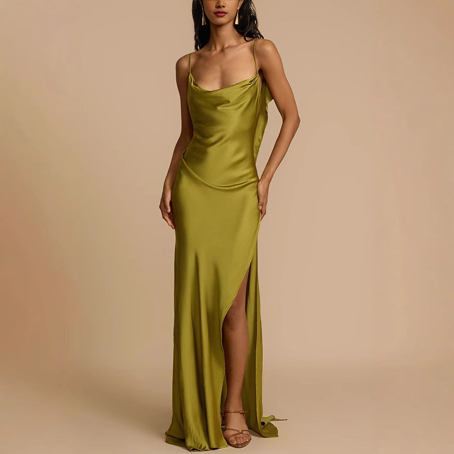 Elegant Women's Ava cowl neck slip maxi dress with spaghetti straps & side slit in matcha green for special occasions.
