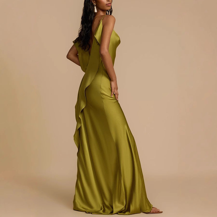Full-length Ava elegant cowl neck slip dress for women. Perfect maxi gown with spaghetti straps for evening/formal wear.