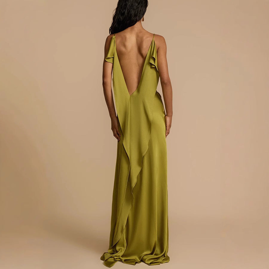 Stylish women's matcha green Ava slip dress. Elegant full-length maxi gown with cowl neck, spaghetti straps & side slit.