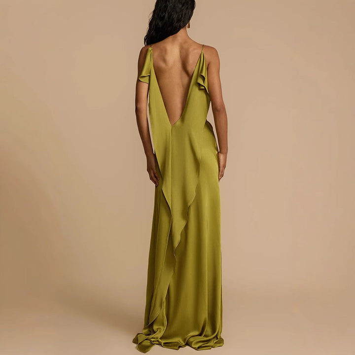 Stylish women's matcha green Ava slip dress. Elegant full-length maxi gown with cowl neck, spaghetti straps & side slit.