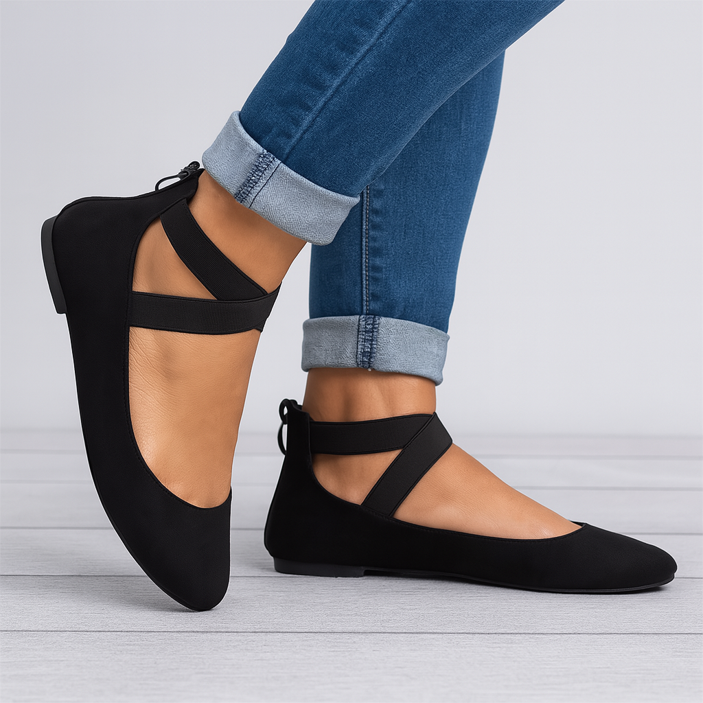 Refined women's round toe ballet flats featuring an elegant elastic strap for a secure & stylish fit. Great for walking.