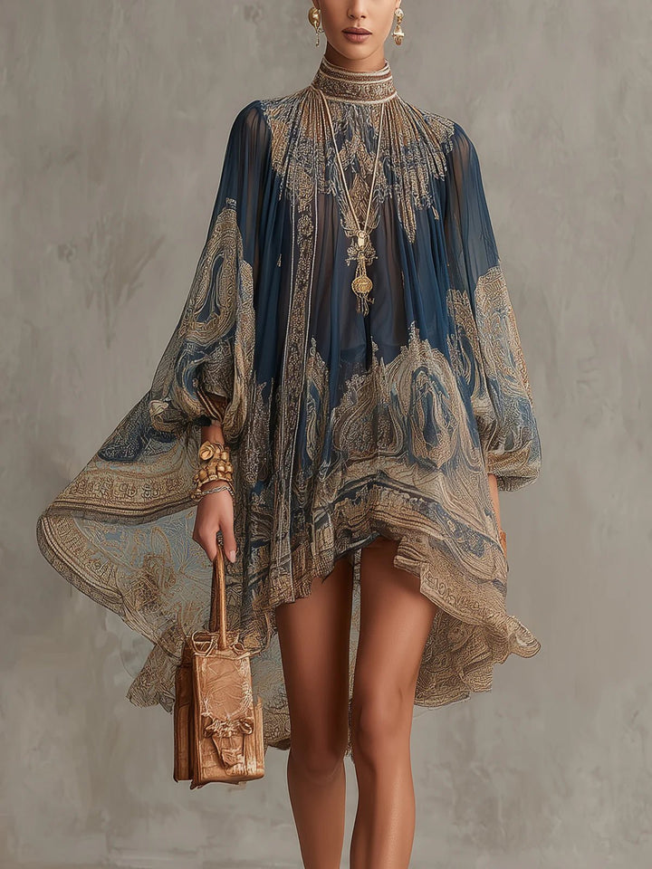Elegant women's baroque print high-neck dress with asymmetric hem, perfect for evening or special occasions.