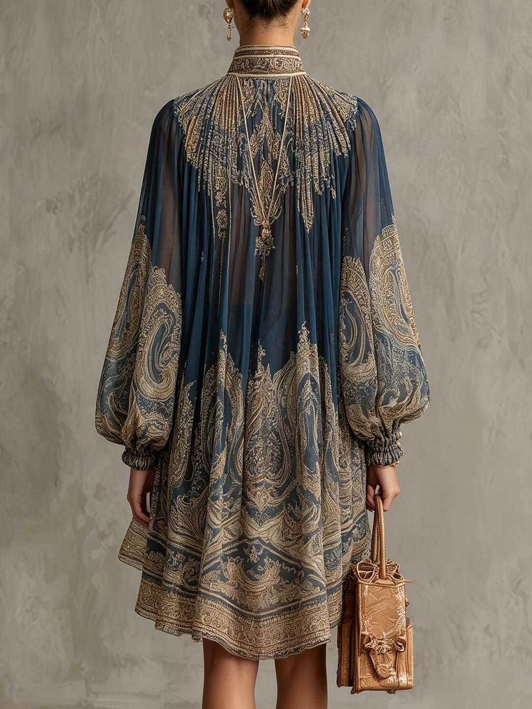 Flowy long sleeve baroque print dress for women, featuring a high neck & dramatic asymmetric hem. Fashion statement.