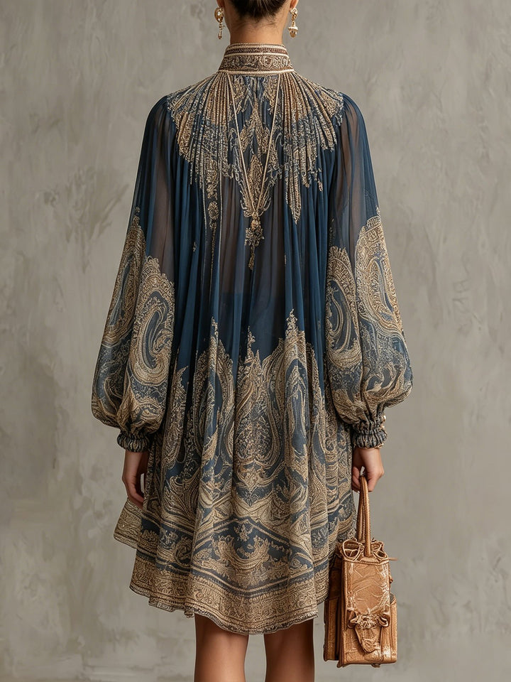 Flowy long sleeve baroque print dress for women, featuring a high neck & dramatic asymmetric hem. Fashion statement.