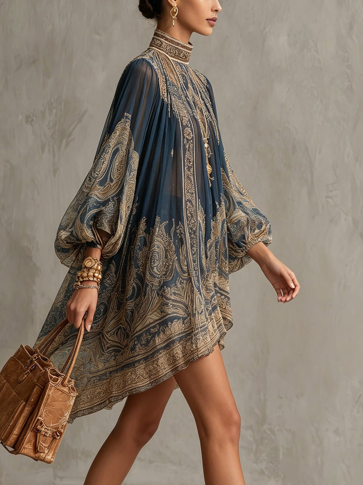 Stunning women's baroque print cocktail dress. High neck & an elegant asymmetric hem create a unique, flowy silhouette.