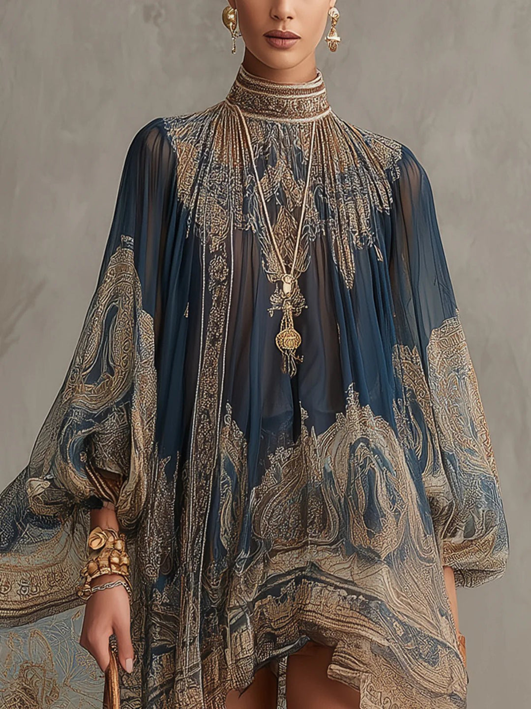 Women's high-neck baroque print dress with elegant asymmetric hem. Ideal long sleeve evening gown or special occasion.