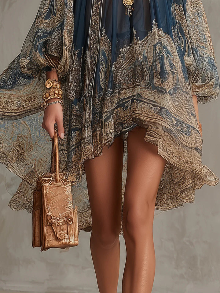 Luxurious women's baroque print dress, high neck & long sleeves. Flowy asymmetric hem for a sophisticated, unique look.