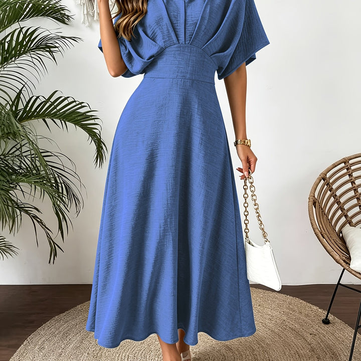 Woman in an elegant batwing sleeve ruffle V-neck midi dress, showcasing its flowy summer style.