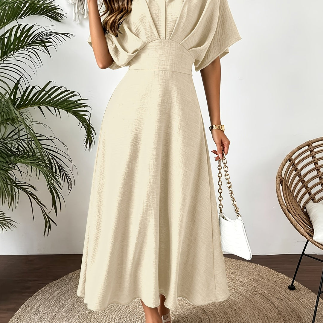 Model wearing a women's elegant batwing sleeve ruffle V-neck midi dress, ideal for occasion wear.