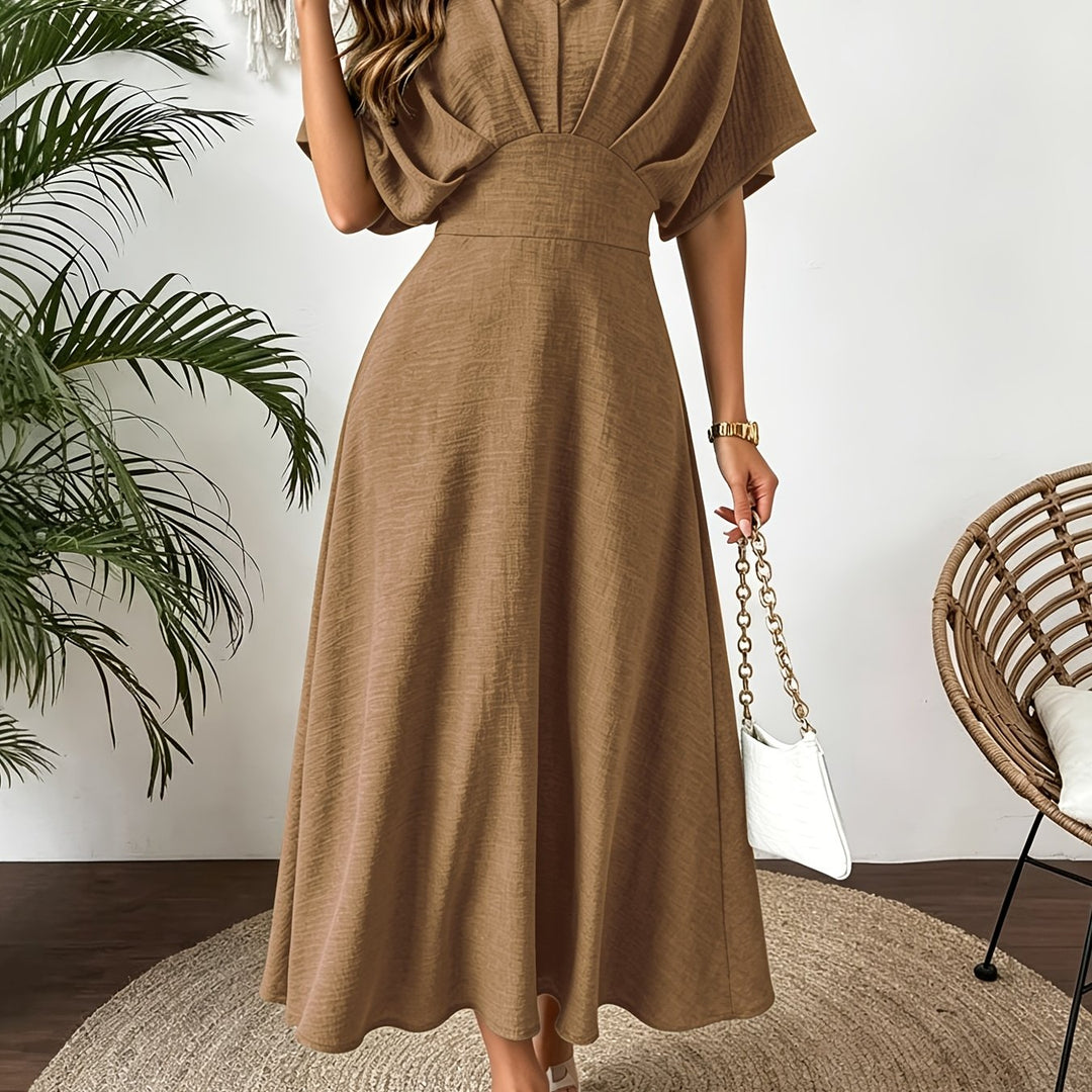 Women's versatile batwing sleeve midi dress with ruffle V-neck. Flowing A-line cut for summer fashion.