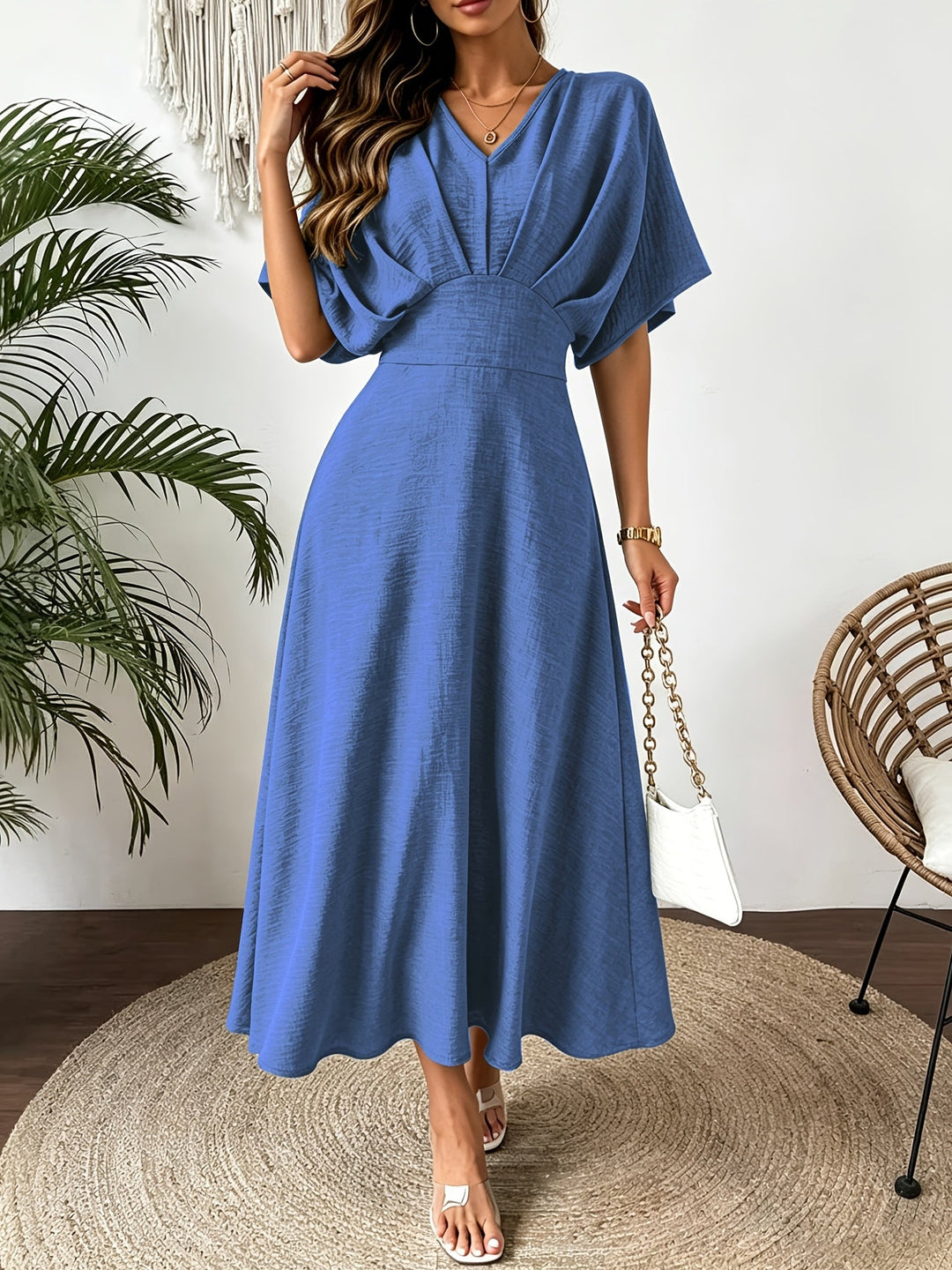 Chic women's batwing sleeve midi dress with a stylish ruffle V-neck. Versatile for parties & casual chic.