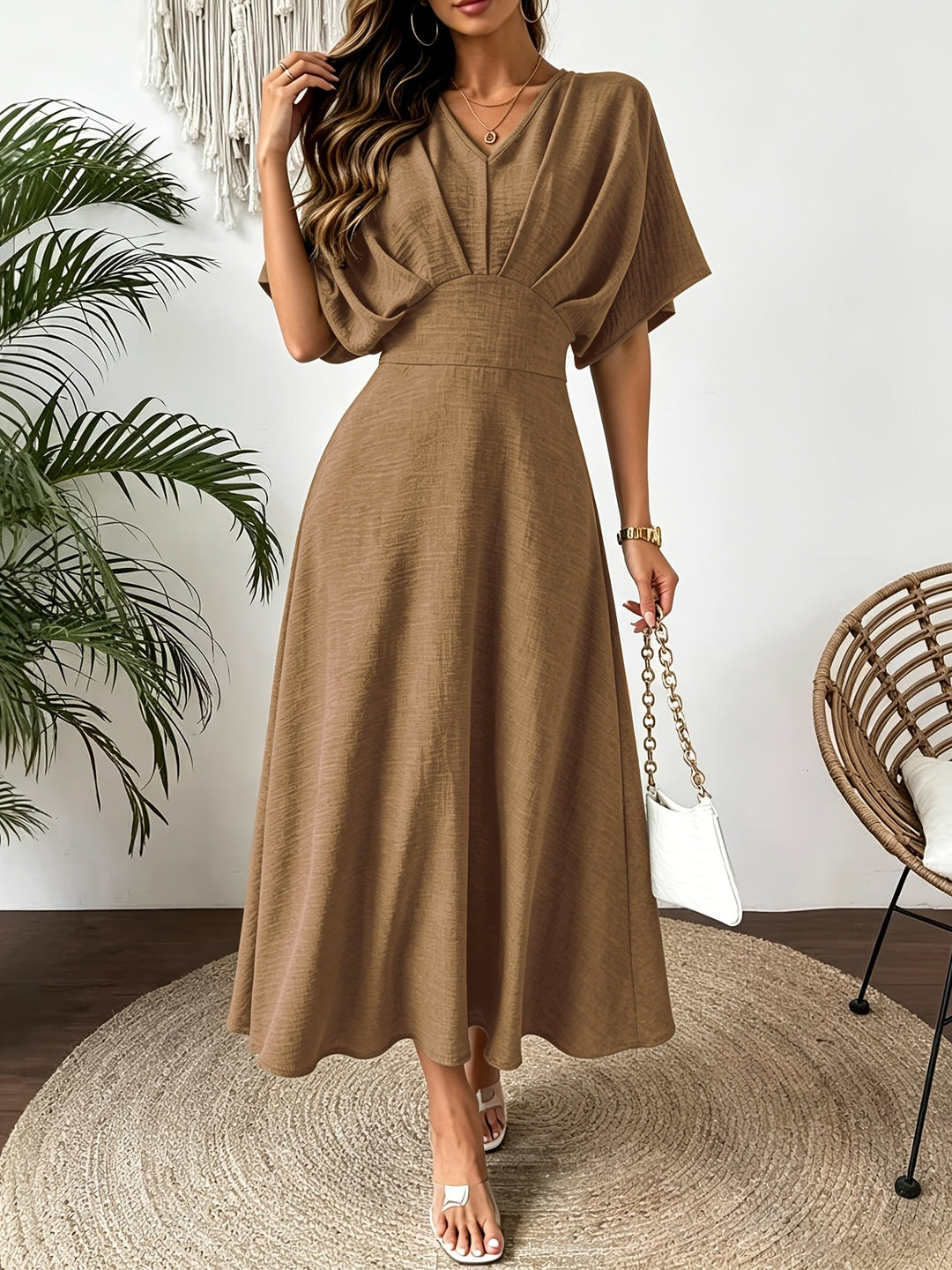 Stylish women's summer midi dress with elegant batwing sleeves & a flattering ruffle V-neck.