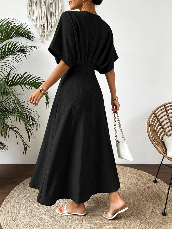 Front view: Elegant women's batwing sleeve ruffle V-neck midi dress, perfect for summer events.