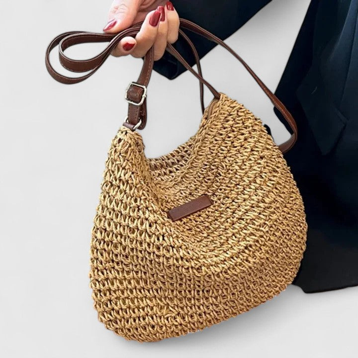 Modern women's beige woven shoulder bag, a must-have elegant everyday handbag for versatile styling.