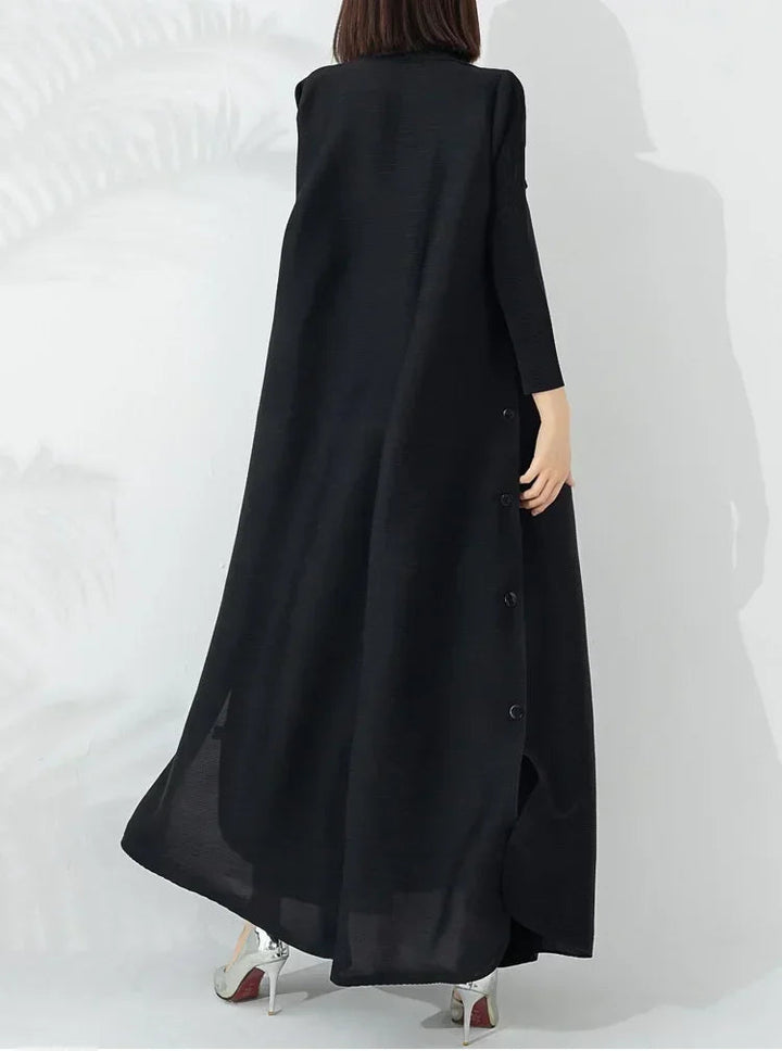 Classic women's long coat: A-line silhouette, belted waist, and elegant funnel neck for timeless style.