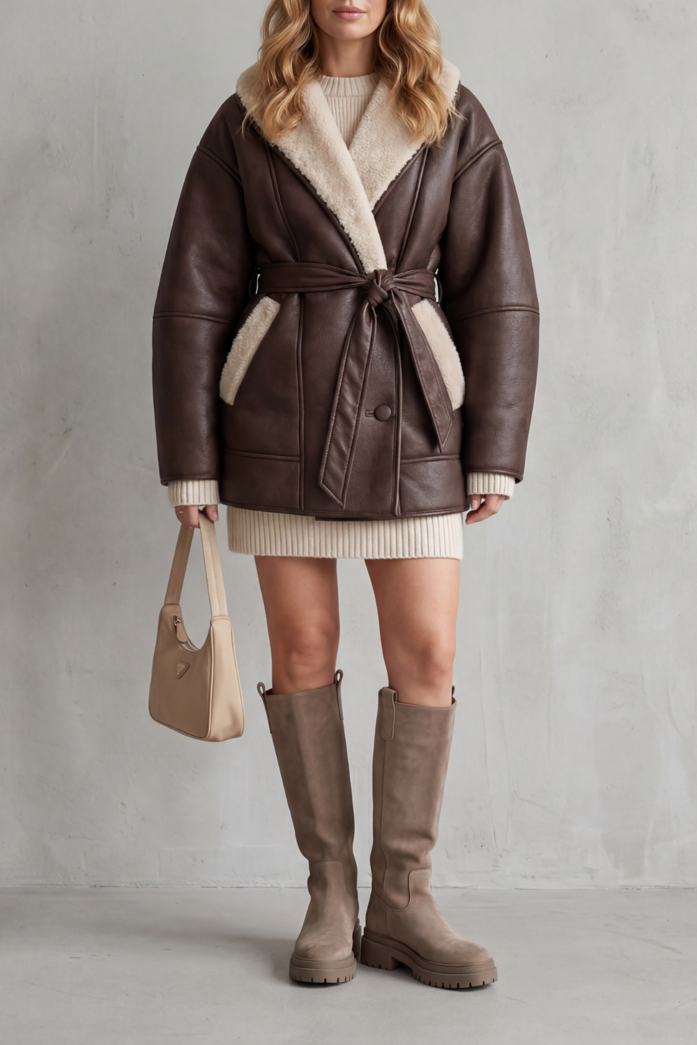 Elegant women's belted coat with stylish contrast collar, perfect for autumn & winter fashion.