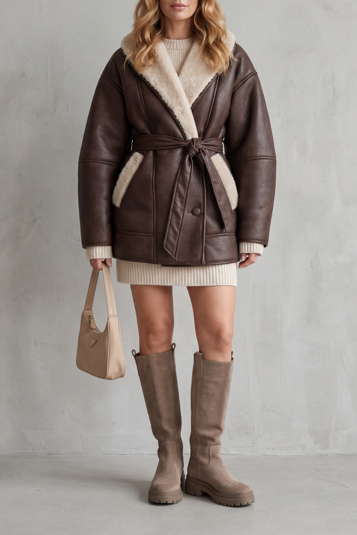Elegant women's belted coat with stylish contrast collar, perfect for autumn & winter fashion.