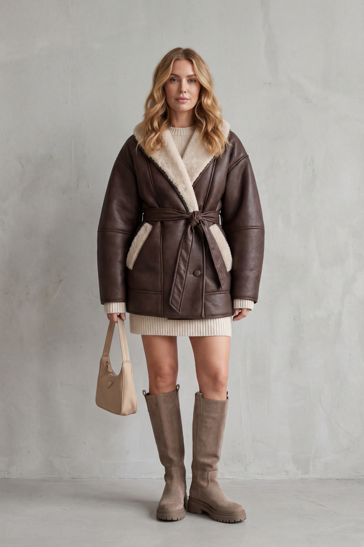 Chic women's belted winter coat featuring a contrast collar, versatile outerwear for sophisticated looks.