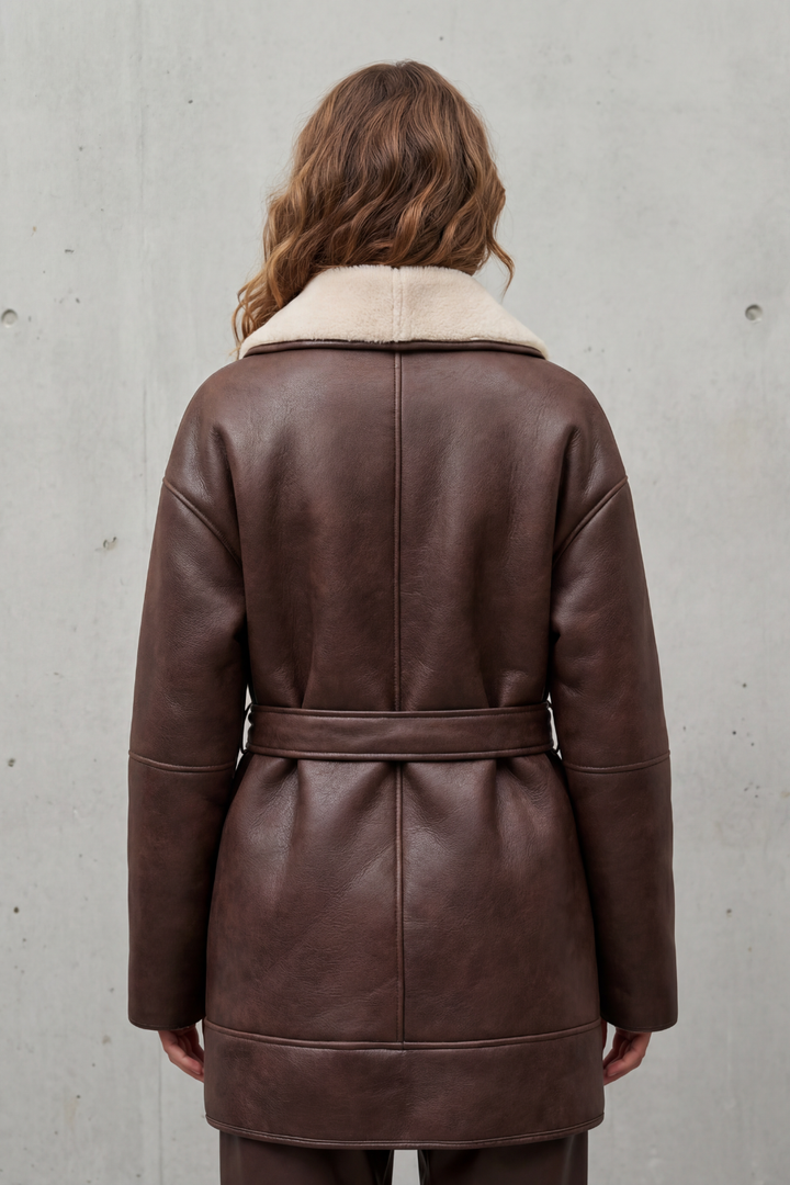Warm women's belted outerwear coat. Features a stylish contrast collar, ideal for winter & fall fashion.
