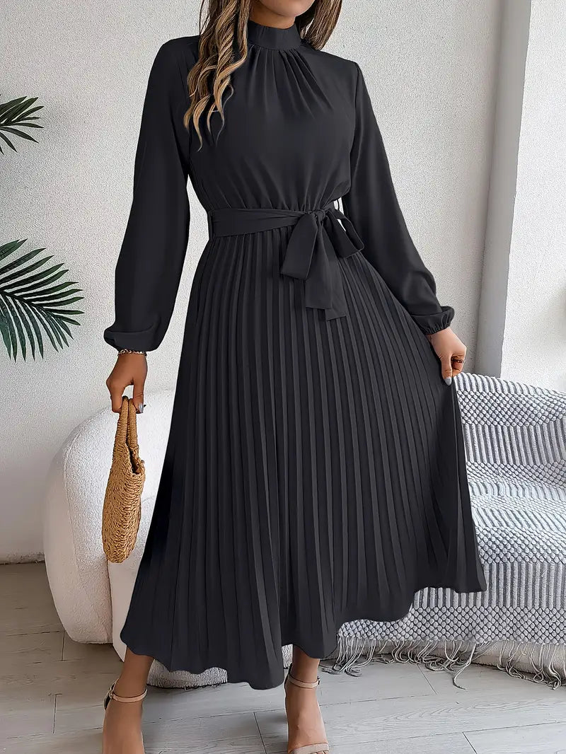 Refined women's belted pleated midi dress, long sleeves, ideal for formal events, work or cocktail parties.