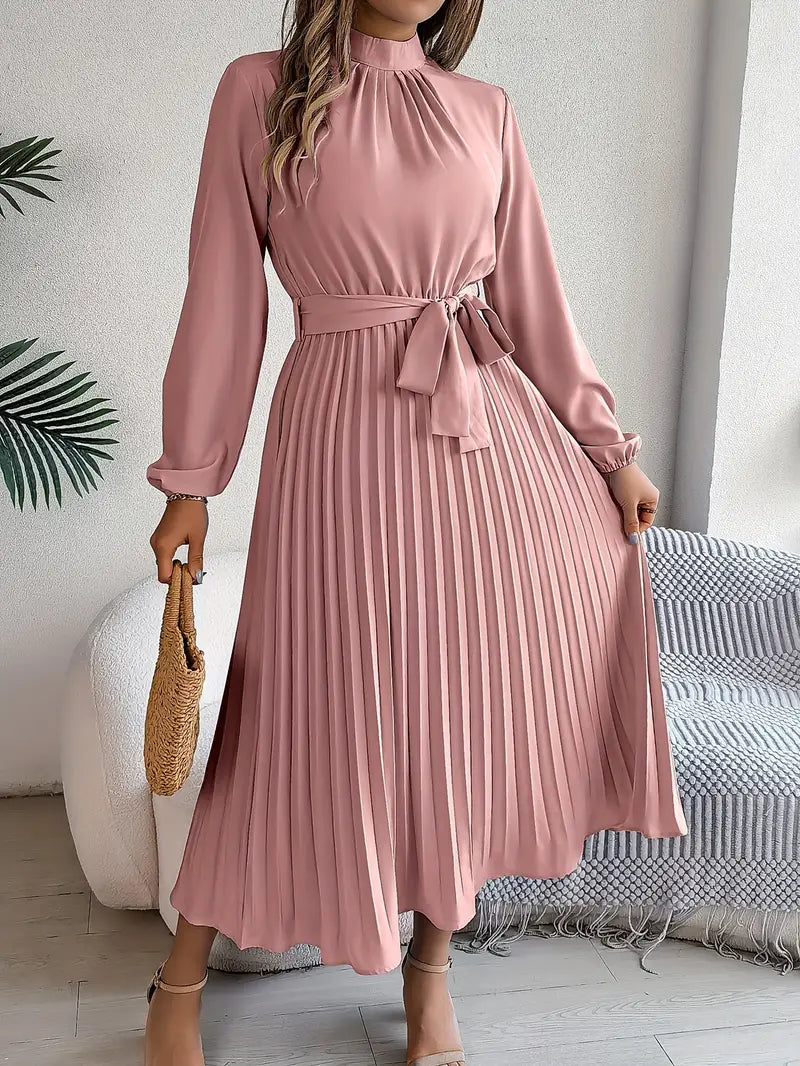 Sophisticated women's long-sleeve midi dress, featuring a pleated skirt, high neck, and chic belt.