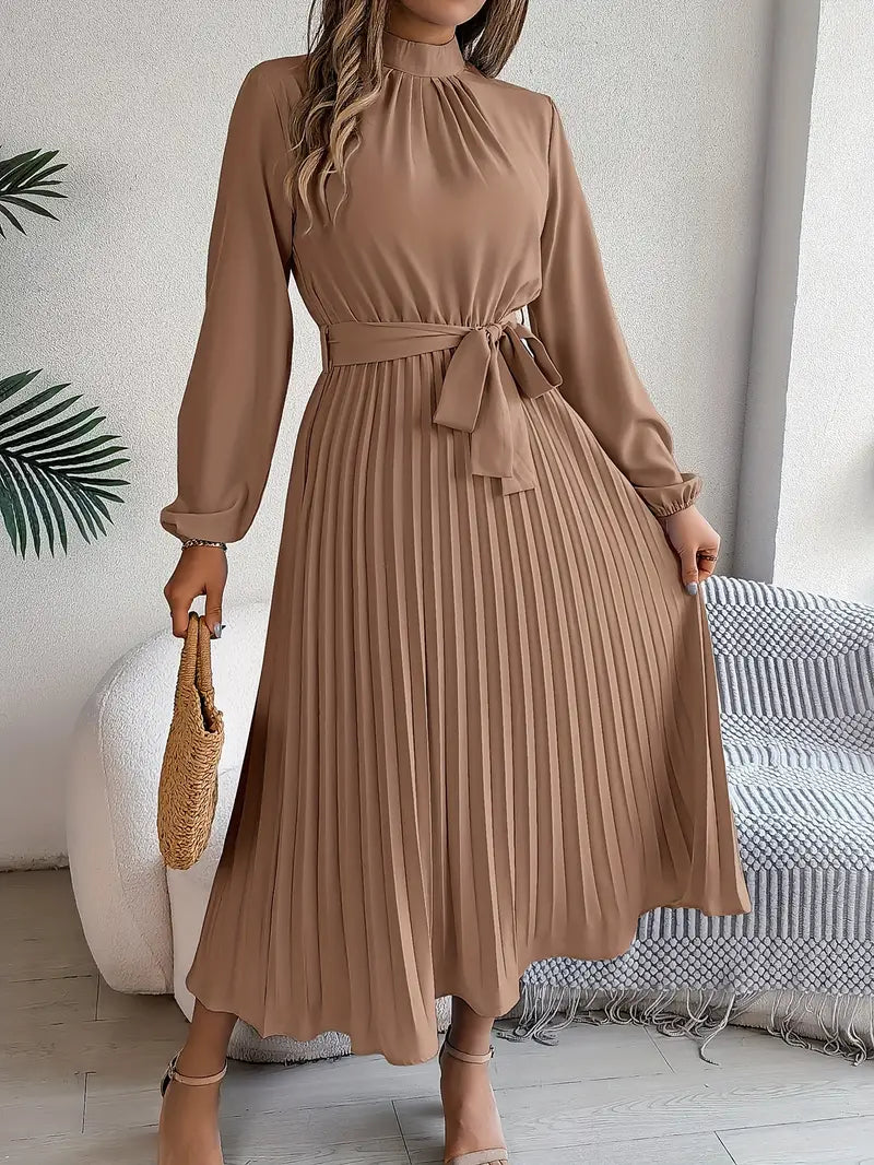 Trendy women's fashion: elegant pleated midi dress with long sleeves & belt, suitable for formal or party.
