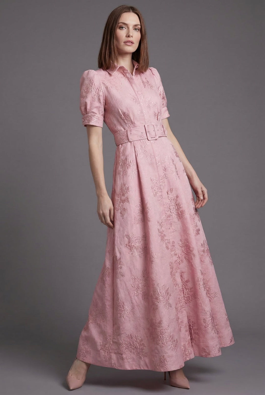 Elegant women's belted puff sleeve full skirt maxi dress, perfect for wedding guests or formal occasions.