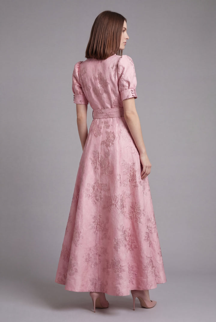 Fashionable women's belted puff sleeve maxi dress with full skirt for an elegant, romantic look. Occasion wear.