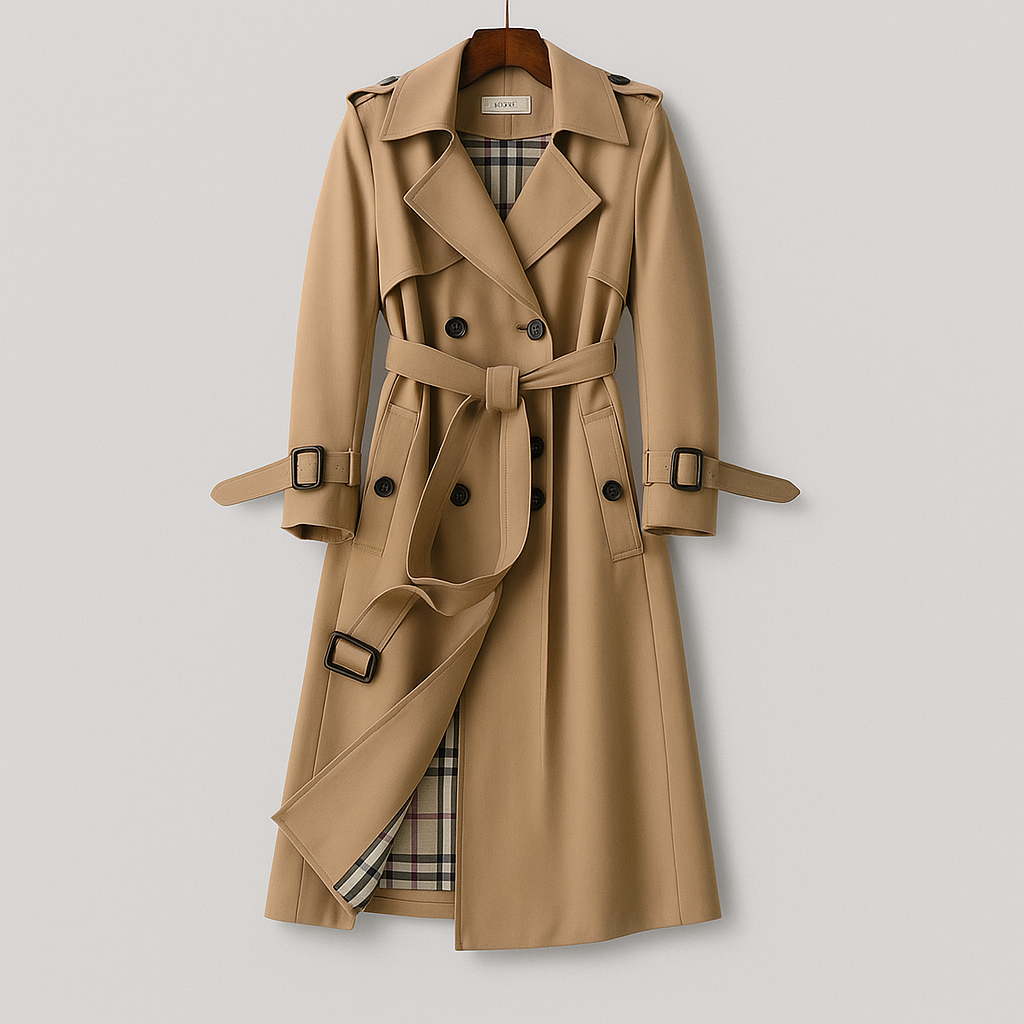 Elegant women's belted trench coat for all seasons, classic long outerwear style.