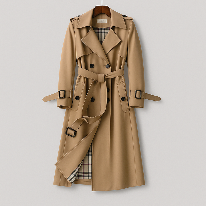 Elegant women's belted trench coat for all seasons, classic long outerwear style.