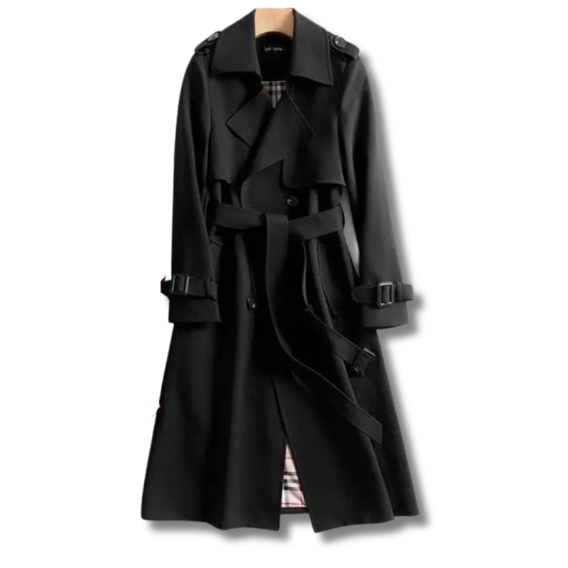 Classic belted long trench coat for women, elegant all-season outerwear fashion.
